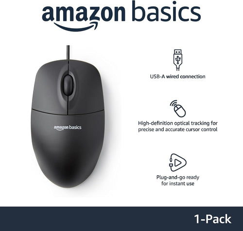 3-Button USB Wired Mouse with Responsive Tracking, Plug & Play, Compatible with Windows and Mac, Black